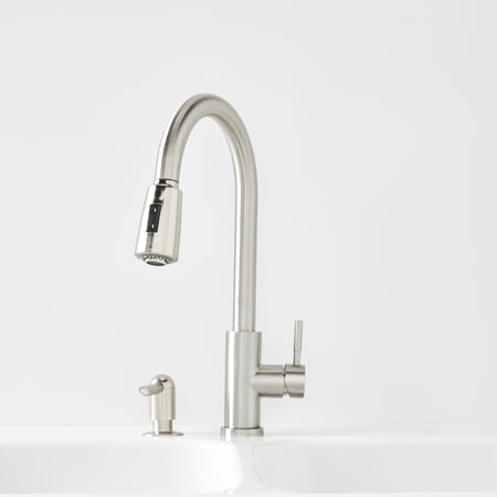 BETTER HOMES & GARDENS ELMONT HIGH SPOUT SINGLE HANDLE PULL DOWN KITCHEN FAUCET WITH SOAP DISPENSER, SATIN NICKEL