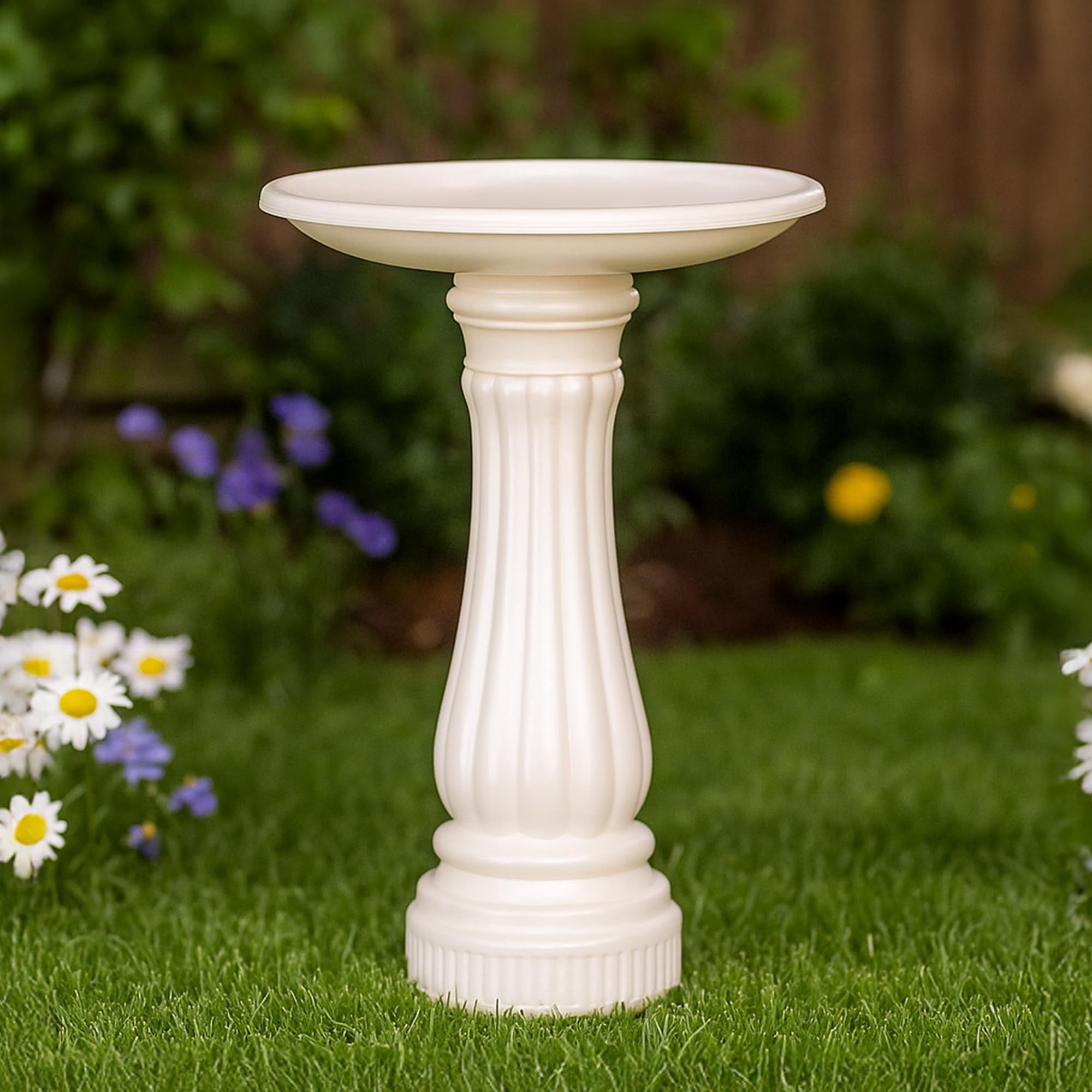 Union Products Bird Bath for Outside, Round Outdoor Patio Lawn and Garden Decor with Fillable Base for Stability, 17"D x 25"H, White