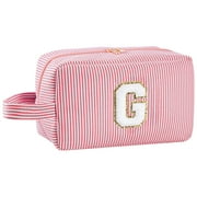 Huifen Personalized Gifts Initial JMS2 Makeup Bag A-Z, Large Travel Toiletry Bag Preppy Pink Make Up Pouch Cute Cosmetic Bags Easter Birthday Gifts bags for Women Girls Friends Mom (Pink, G)