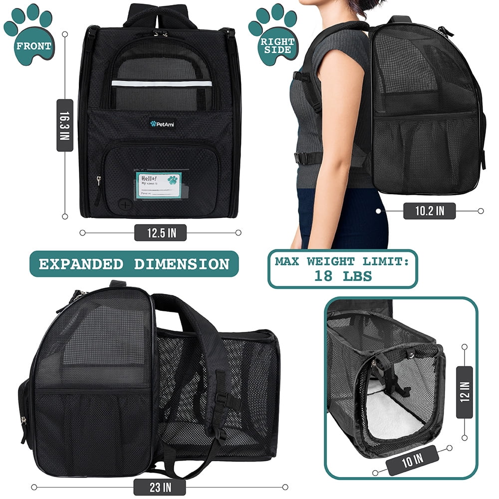 PetAmi Expandable Dog Backpack Carrier for Cats & Pets, Breathable Cat Carrier Backpack with Top Window & Multi-Entry, Ventilated Foldable Travel Carrier for Small Medium Pets up to 18 lbs, Black