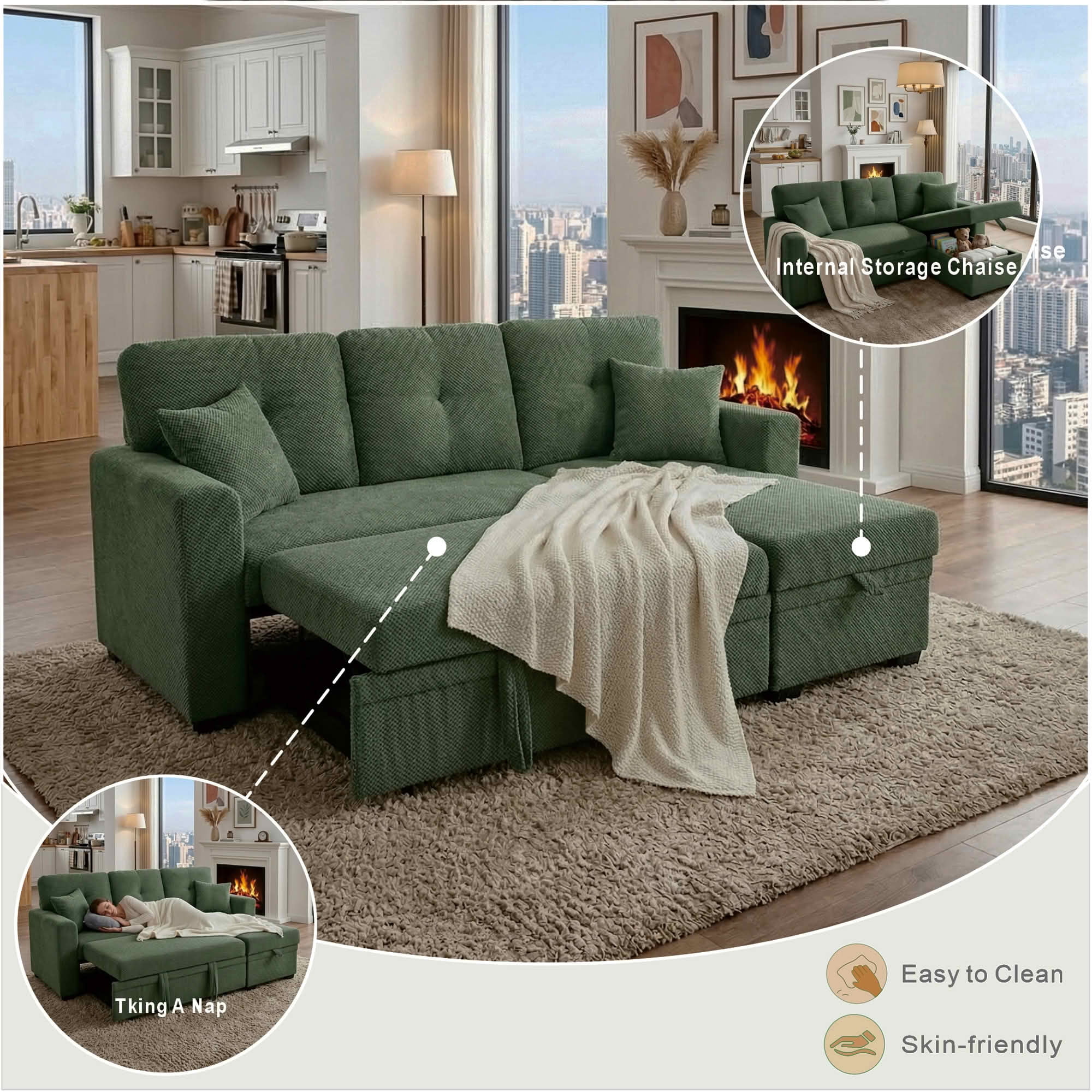 MAYEERTY L‑Shaped Sleeper Sectional Sofa, Convertible Pull‑Out Bed with Reversible Storage Chaise, Dark Gray Breathable Polyester Fabric for Small Living Spaces