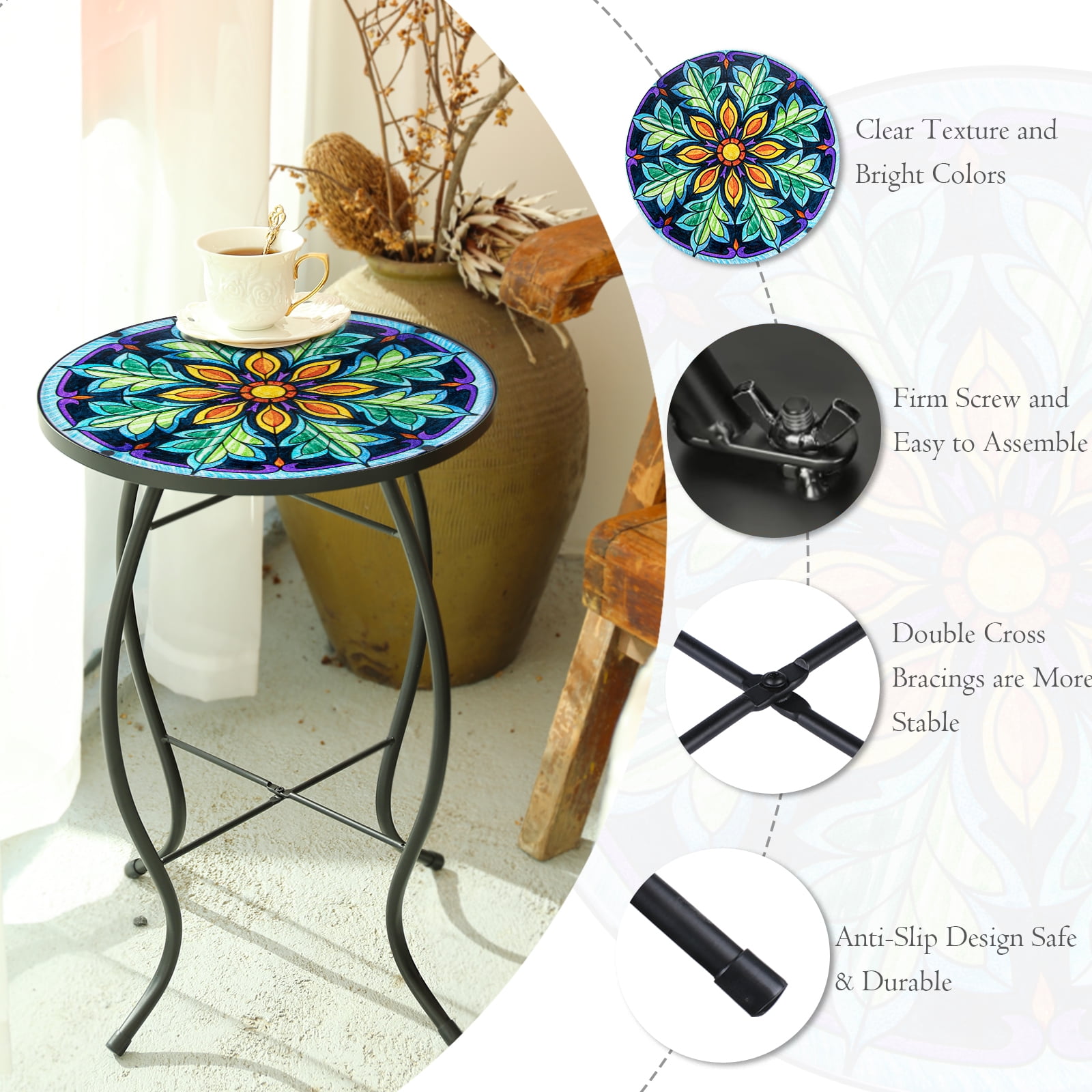 Stained Glass Floral Mandala Side Table – Round Accent Table, Indoor/Outdoor End Table,Indoor/Outdoor Patio/Living Room Decor