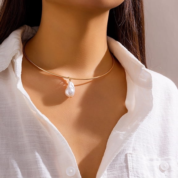 NICKSUN 14K Gold Plated Large Imitation Pearl Necklace for Women,Simple Statement Choker Necklace Modern Party Anniversary Club Jewelry Gifts