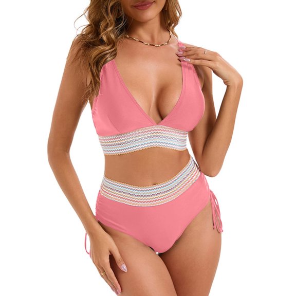 Ytndtr Women's Colorful Wavy Trim High Waisted Bikini Set V Neck Two Piece Swimsuit with Side Tie Bottoms
