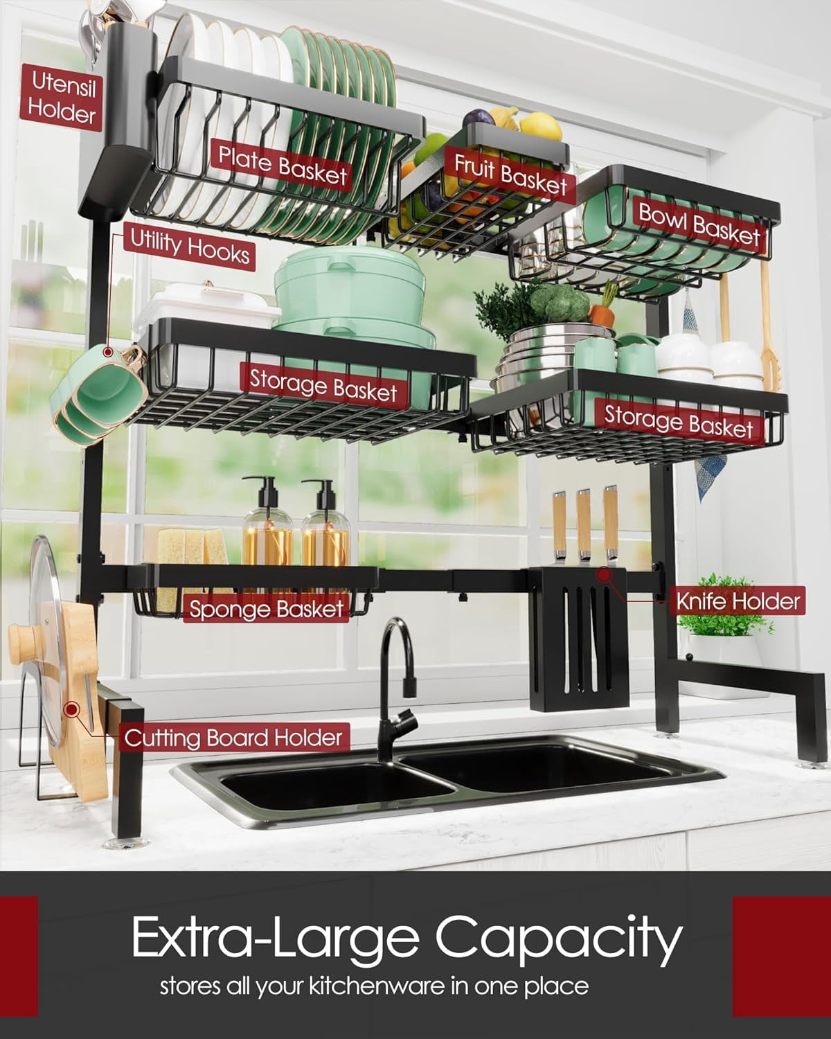 Dish Drying Rack - Over The Sink Dish Drainer Drying Rack with Utensil & Knife Holder, Hooks, Stainless Steel Kitchen Organizers and Storage Solution