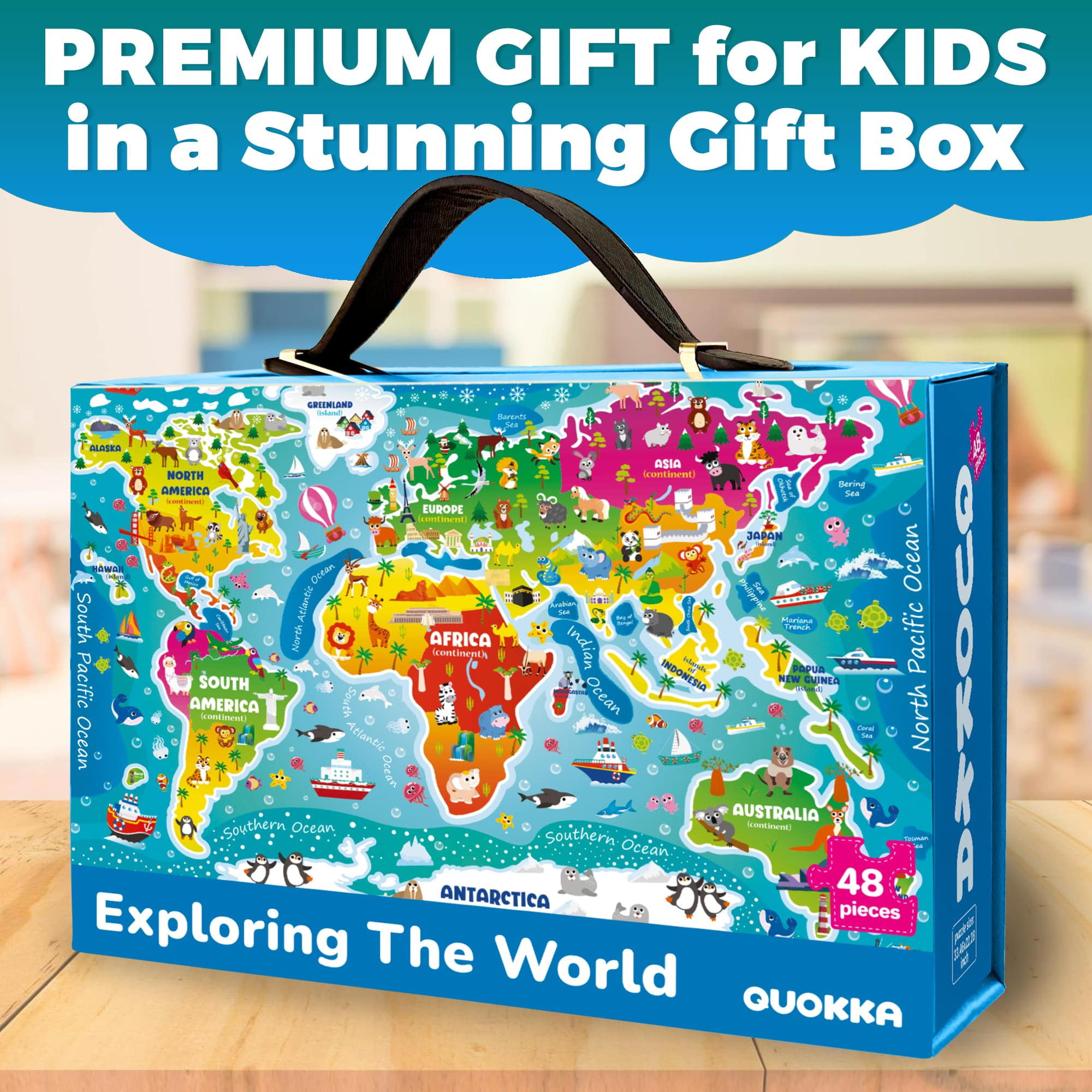 Quokka Floor Puzzle for Kids Ages 4-6 - Toddler Puzzle Ages 3-5 - World Map Educational Activity for Boys Girls