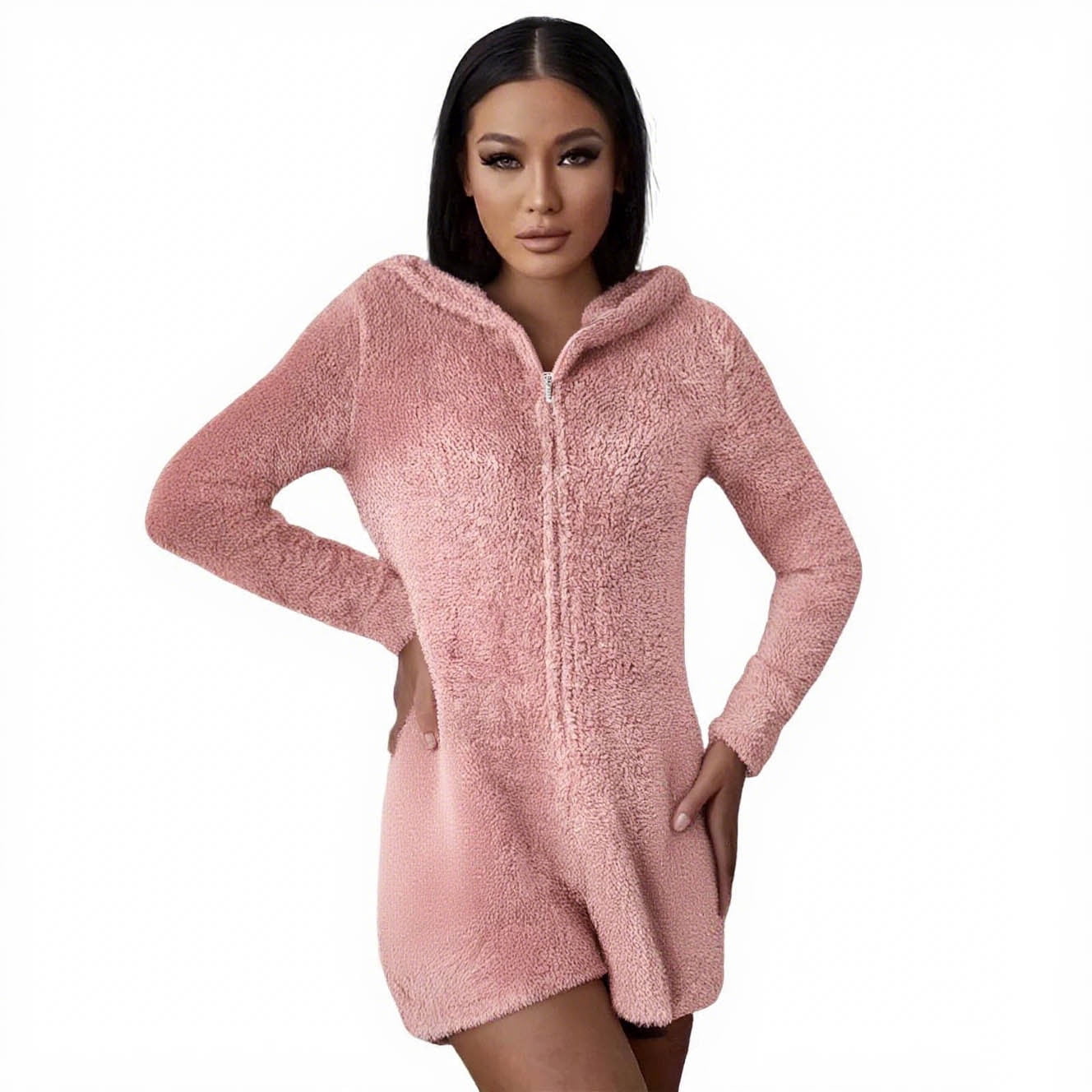 Womens Fleece Pajama Romper with Hoodie New Women's Warm Hooded Ears Hooded Jumpsuit Long Sleeve Shorts Zipper Jumpsuit Pocket Sleepwear Home Clothes Style B-4 Pinky S