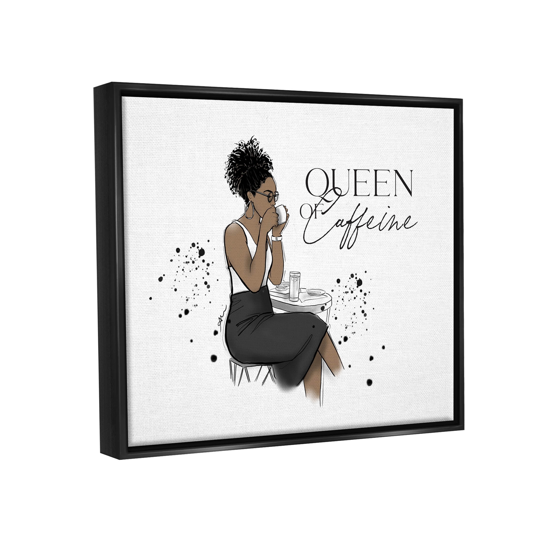 Stupell Industries Queen Of Caffeine Girl Graphic Art Jet Black Floating Framed Canvas Print Wall Art, Design by Alison Petrie