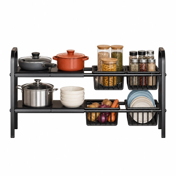 Expandable 2-Tier Under Sink Organizers and Storage, Adjustable Sink Shelf with 4 Storage Baskets, Cabinet Storage Rack for Kitchen, Bathroom, Black