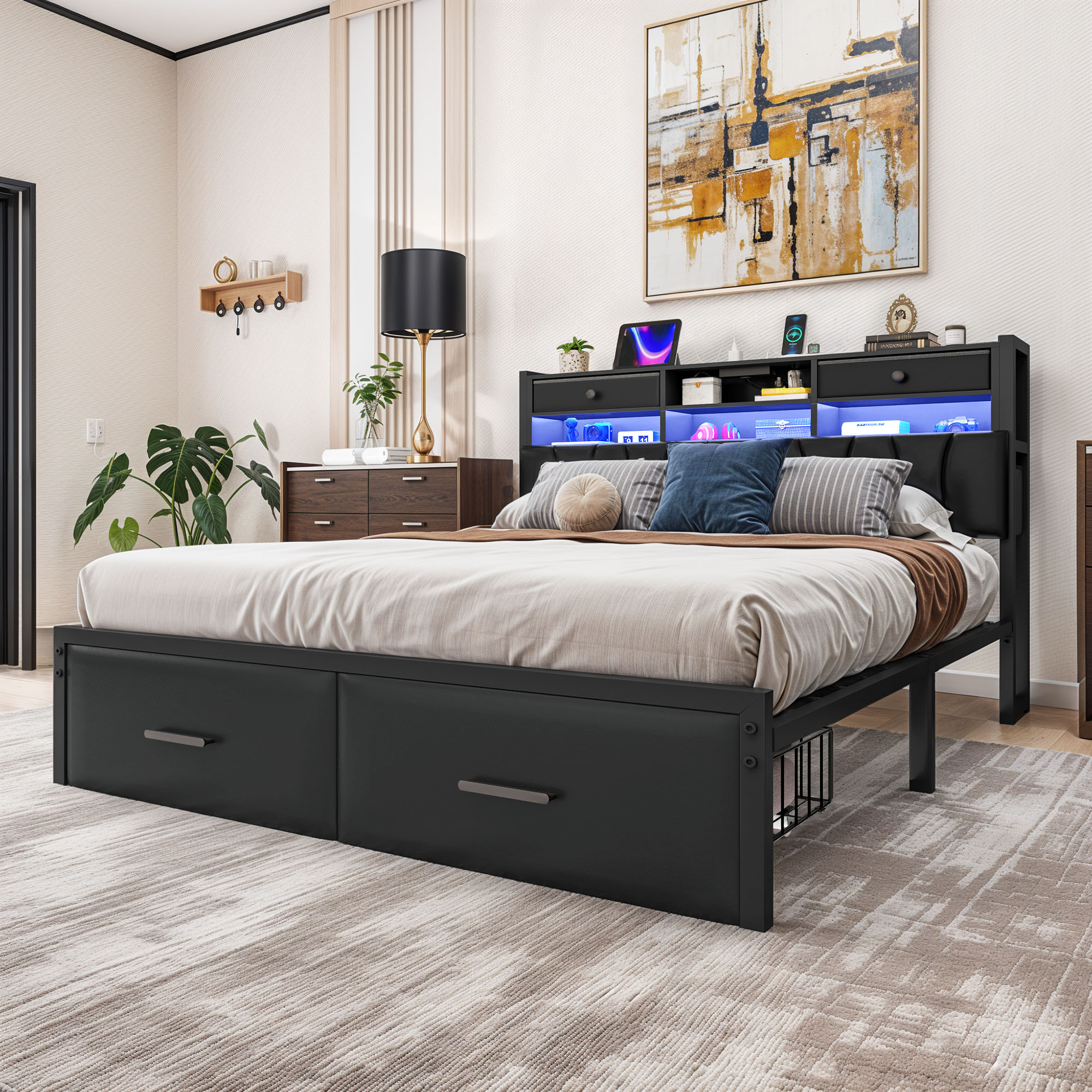 Uforic King Size PU Leather Platform Bed Frame with 3-Tier Storage Headboard 2 Underbed Rolling Drawers & Side Storage Boxes, No Box Spring Required, Black