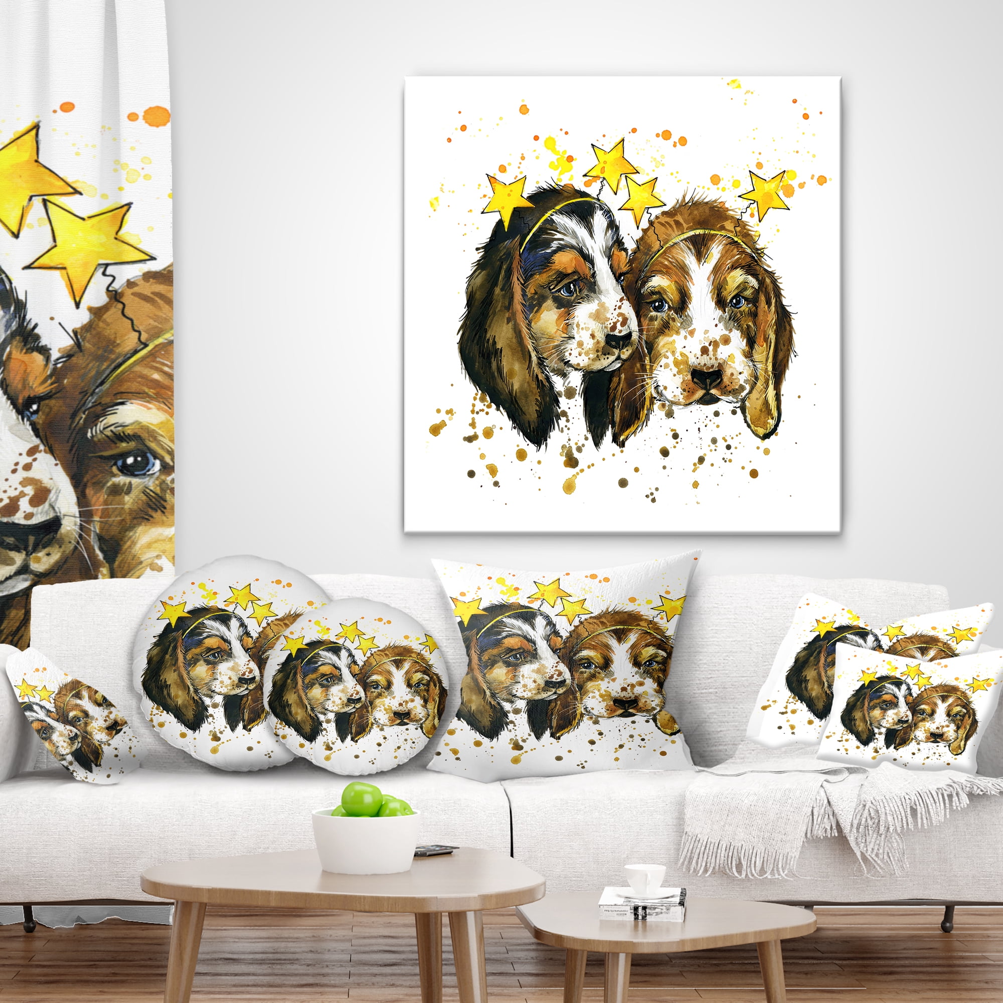 Designart Funny Puppy Dogs Watercolor - Contemporary Animal Throw Pillow - 18x18