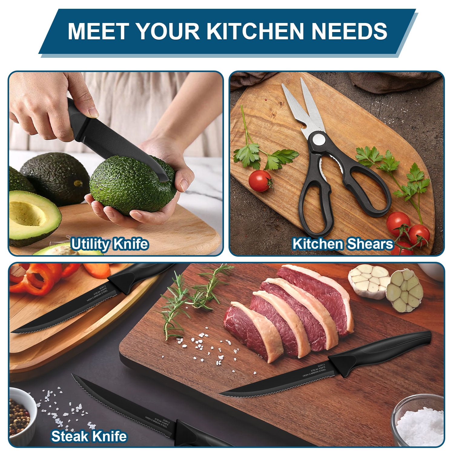 Walchoice 15 Pieces Knife Set with Block, High Carbon Stainless Steel Kitchen Knife Set with Sharpener, Rust Resistant & Dishwasher Safe - Black