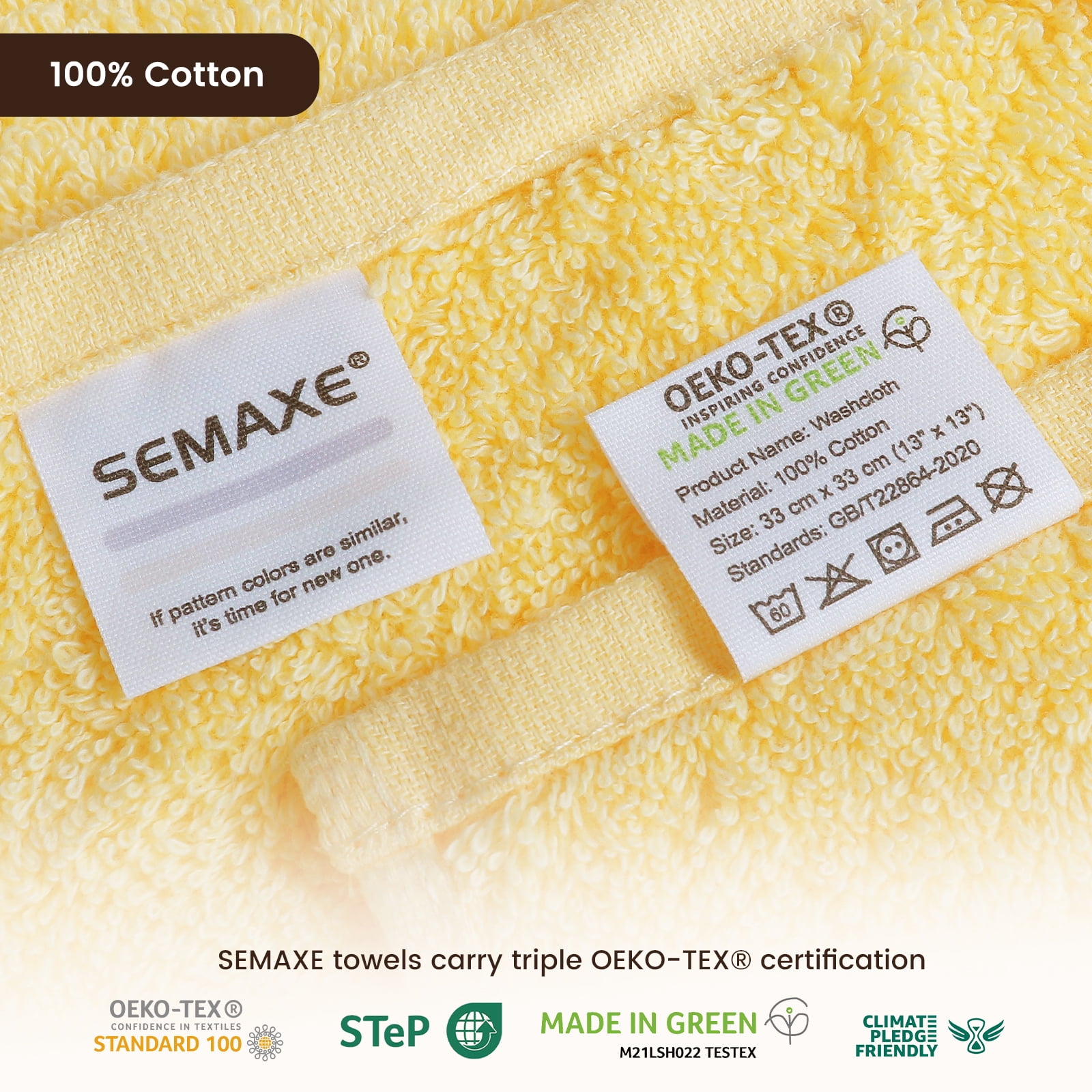 SEMAXE Washcloths 12-Pack 13x13 Inch: 100% Organic Cotton Face Towels | Ultra Soft, Quick-Dry & Super Absorbent for Bathroom, Gym, Spa & Hotel | Zero Lint, Lightweight & Bulk Pack, Yellow