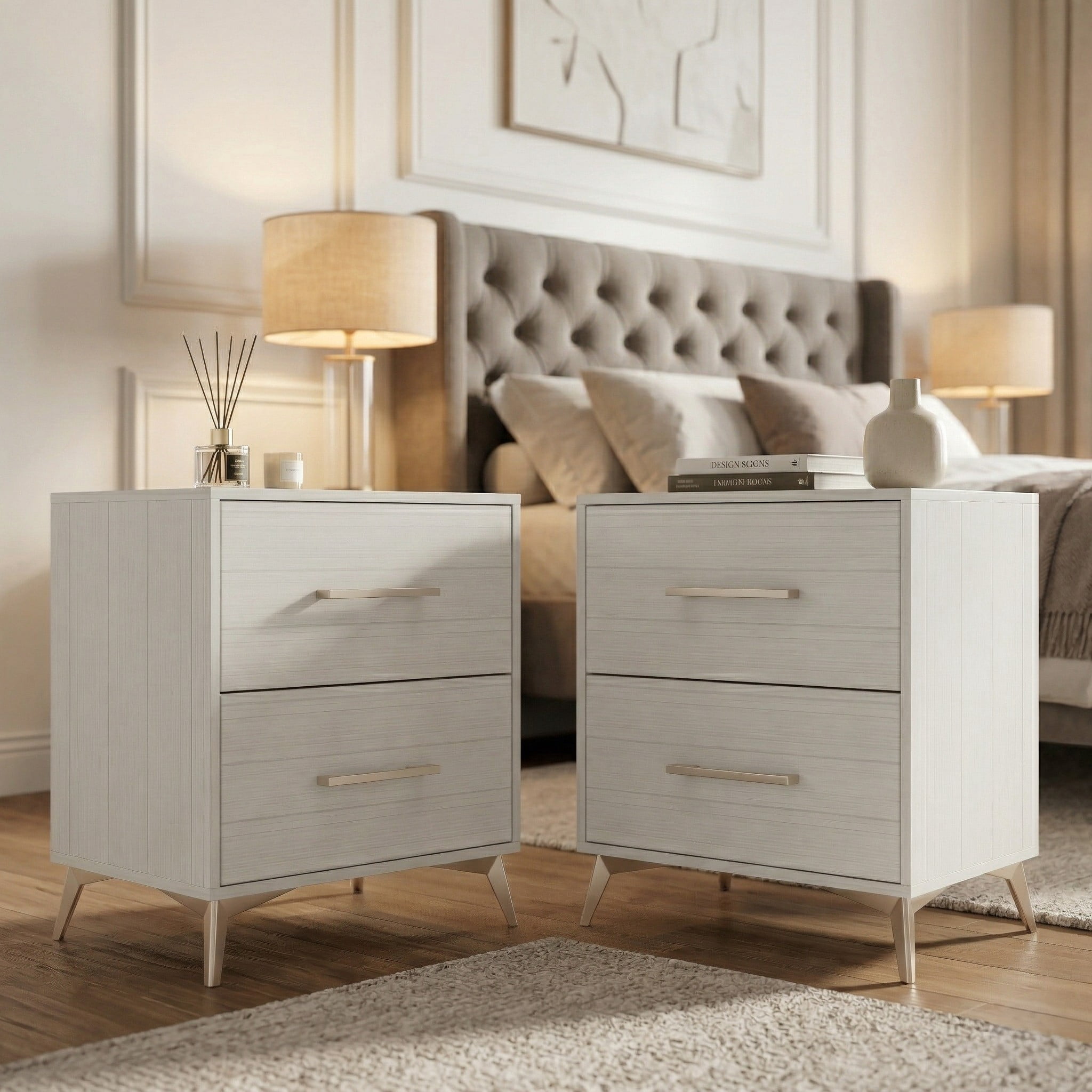 Home Design Lakewood 2 Drawer Nightstand (Set of 2) with Linear Handles and Metal Legs, White, Easy Assembly