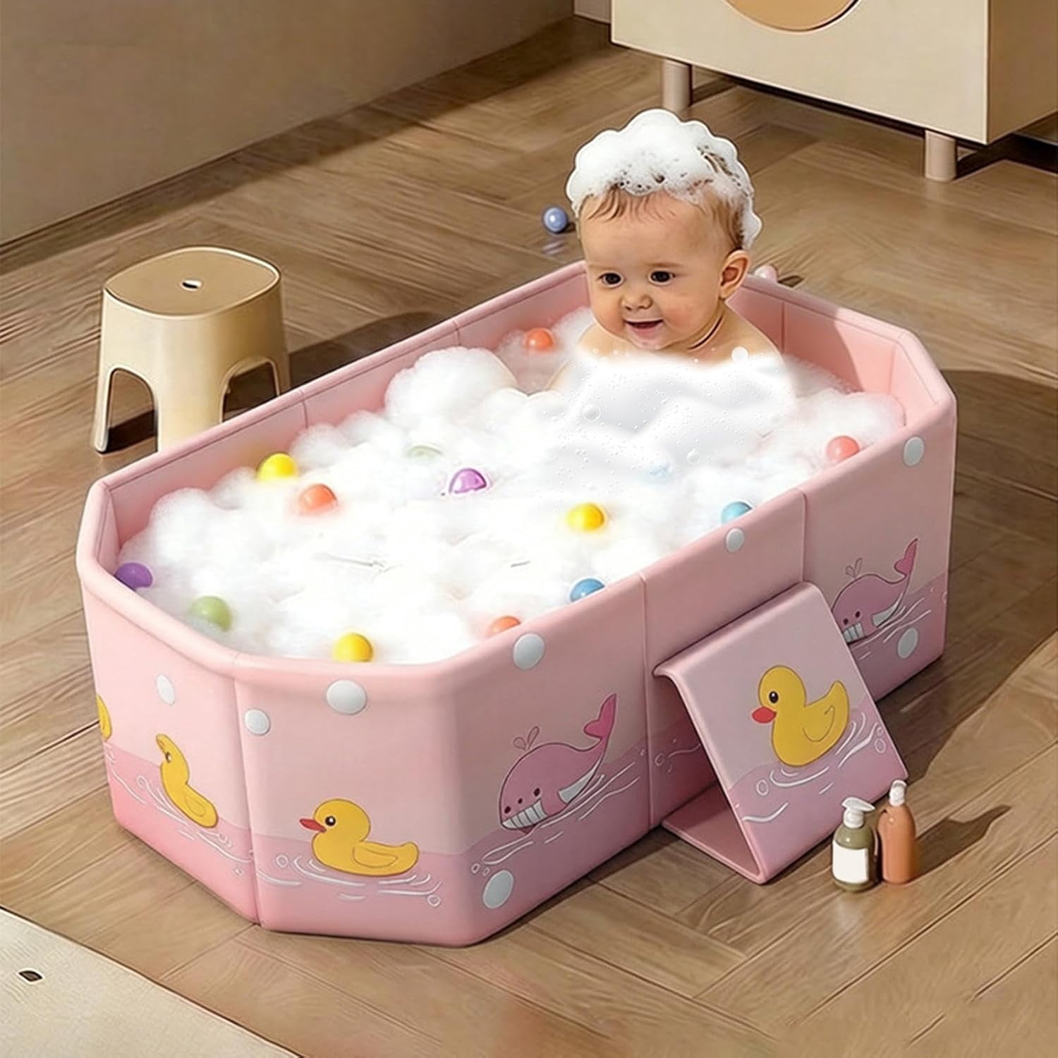 Foldable Bathtub for Kids, Duck Anti-Tipping Bathing Tub, Soaking Shower Tub for Boys Girls Home Daycare Travel Hotel Bathroom