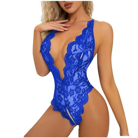 

EHTMSAK Women s Lingerie Eyelash Lace Sexy Bodysuit Deep V Neck Teddy Lingerie Blue M