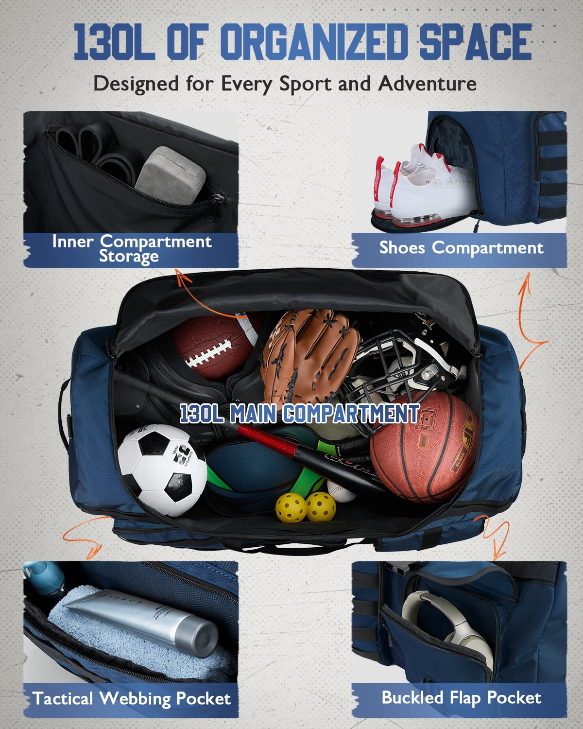 Gonex 130L Travel Duffel Bag for Men, 3 in 1 Extra Large Gym Bag Backpack with Shoes Compartment for Weekender Sports Workout