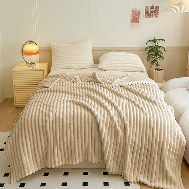 Fleece Blanket, Soft Thick Double Layer Raschel Throw, Premium Polyester Striped Bed Blanket for Winter Sofa Bed Machine Washable, Khaki