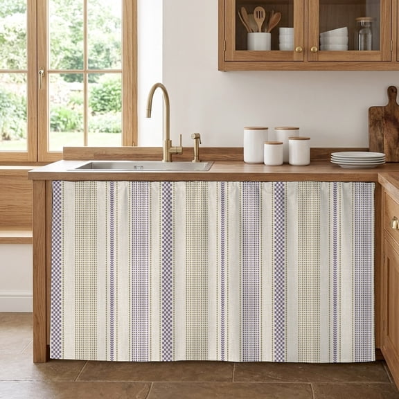 Vintage Striped Cabinet Curtains for Kitchen 28"Wx51"L, Purple Khaki Vertical Ticking Stripes French Country Under Sink Skirt Magic Tape Short Curtain Decor Privacy Panel for Pantry Cabinet Opening