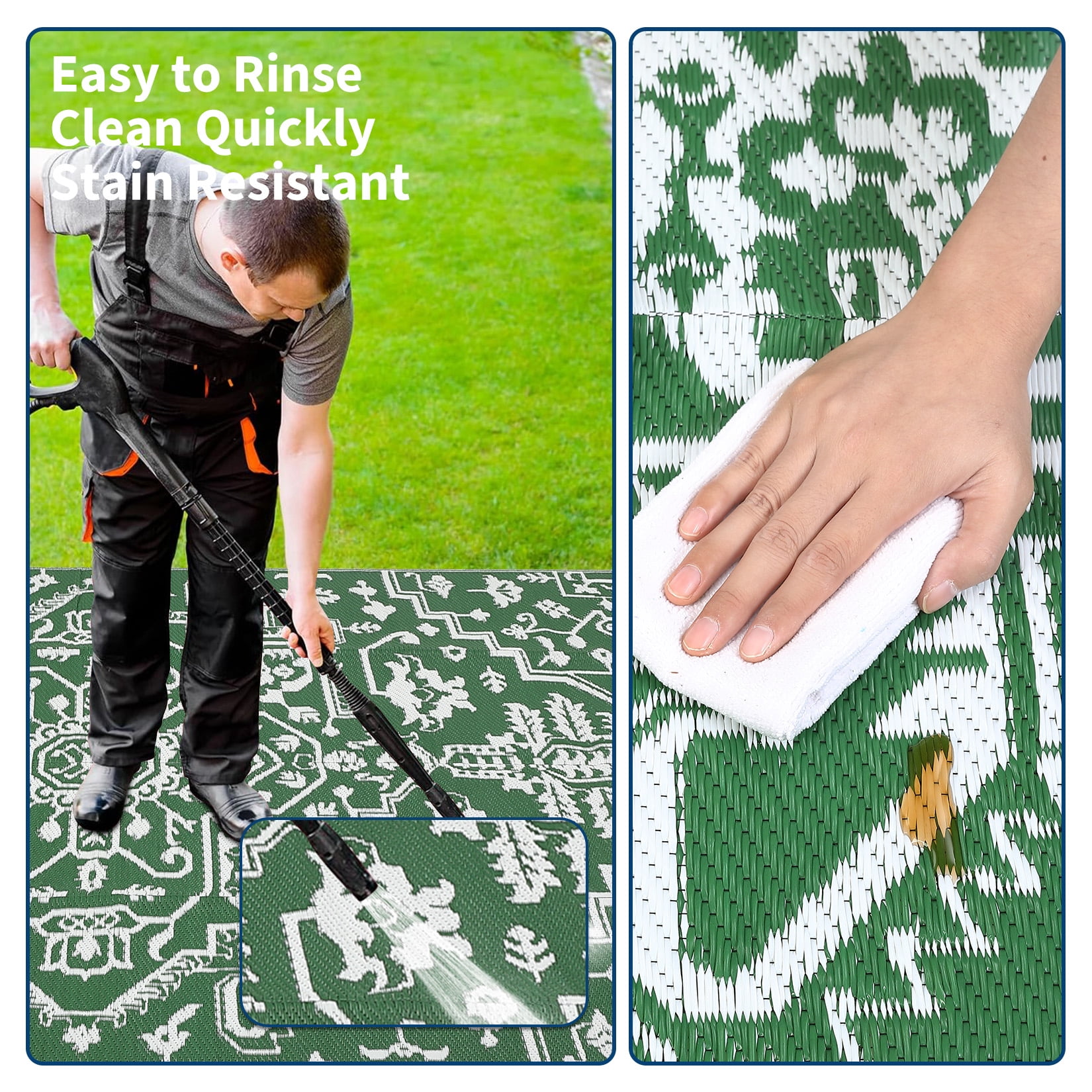 Nanan 9x12 Outdoor Patio Rug, Portable Waterproof Plastic PP Tube Rug, Modern Scalloped Edge Mat for Deck, Yard, Camping, Balcony & Poolside, Green/White