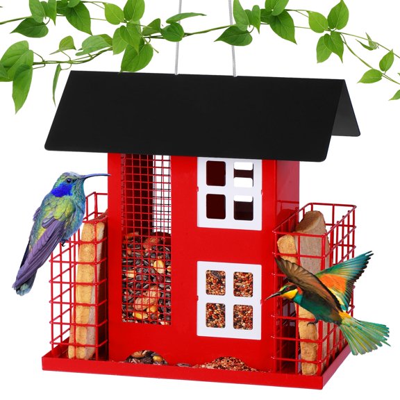 Urban Deco Squirrel-Proof Bird Feeder House for Outdoor Hanging, Metal Bird Seed Feeder with Bilateral Weight-Activated Perches,ldeal for Wild Birds Gift, Easy Refill & Clean,Red