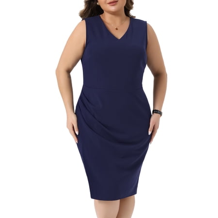 DARING DIVA Women's Plus Size Work Dress V Neck Ruched Bodycon 1X Navy Blue