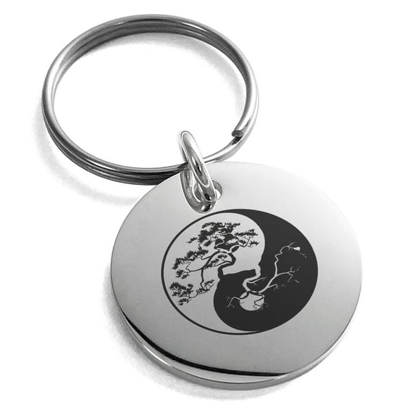 Stainless Steel Bonsai Tree Yin Yang Engraved Small Medallion Circle Charm Keychain Keyring