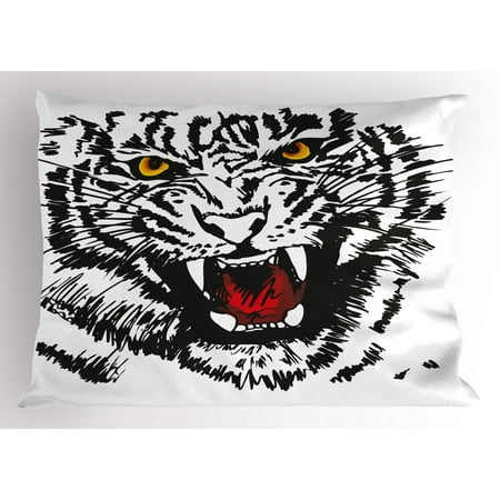 - Tiger Pillow Sham Angry Feline with Black and White Pattern Realistic Eyes Hunting Surviving, Decorative Standard Queen Size Printed Pillowcase, 30 X 20 Inches, Black Red Yellow, by Ambesonne