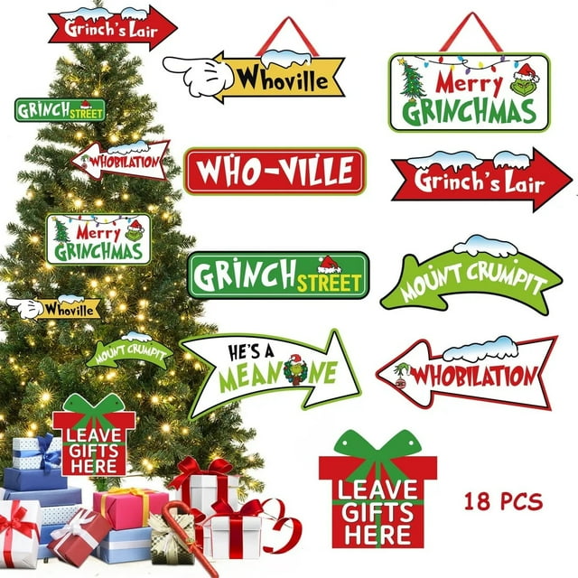 Juego de 18 Adornos Navideños de Grinch para Árbol, Incluye Esferas y Figuras, Decoración Festiva