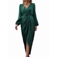 thumbnail image 2 of Robes Formelles pour Femmes à Manches Longues, Col en V, Taille à Nouer, Fente, Cocktail, Invitées de Mariage, Vert Foncé, m, 2 of 8