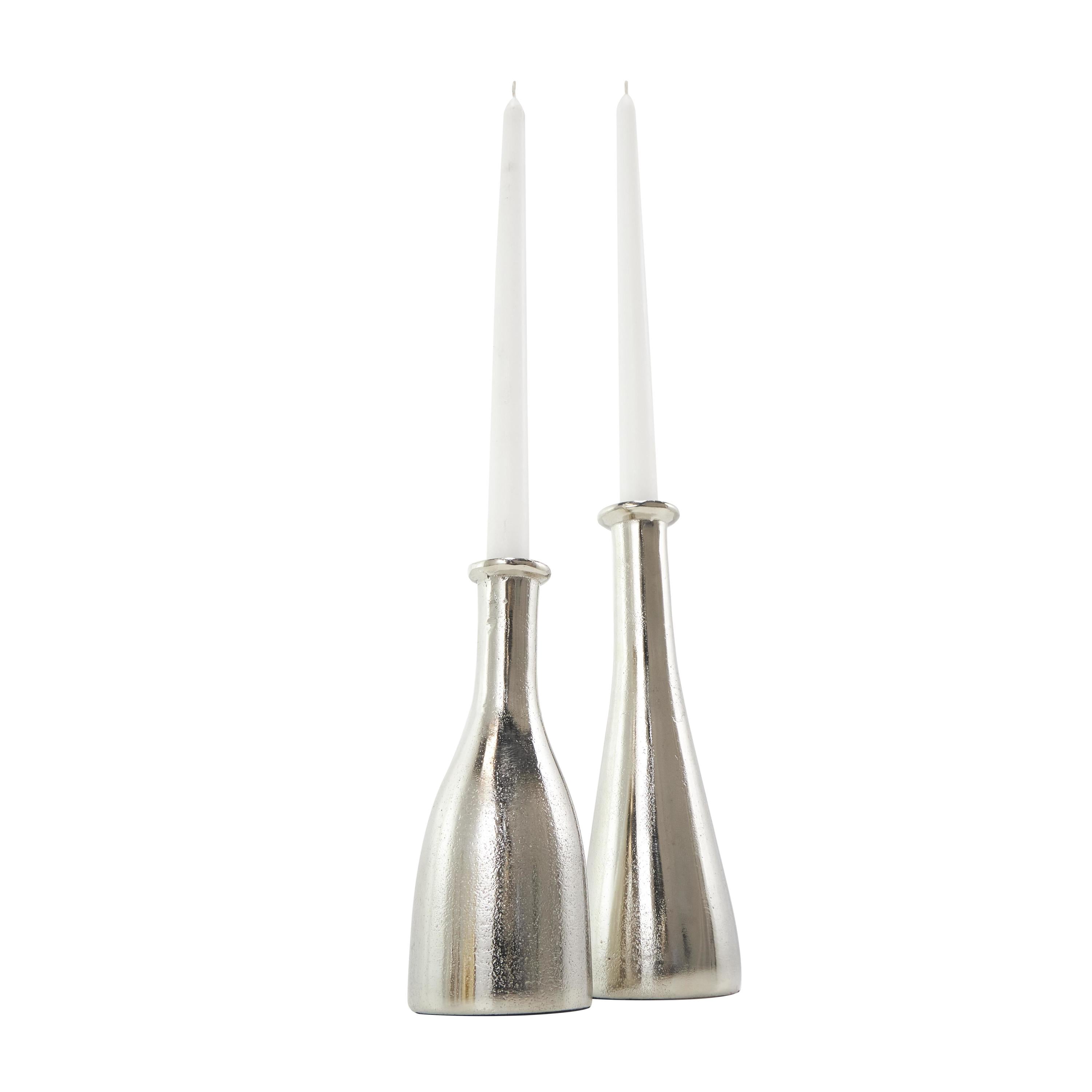 DecMode 2 Candle Silver Aluminum Metal Candle Holder with Varying Shapes, Set of 2