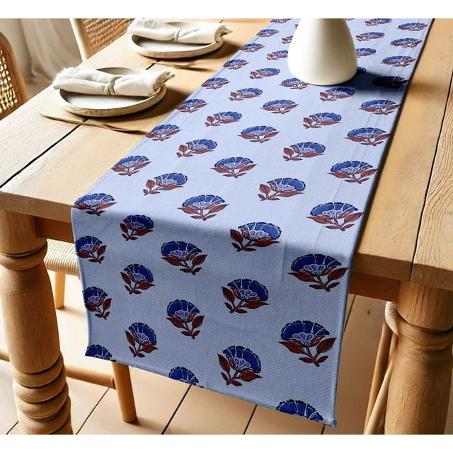 Vargottam 100% Cotton Twill Table Runner Block Pattern Machine Washable, 14" Wide , Durable Table Linen for Everyday Dining or Parties