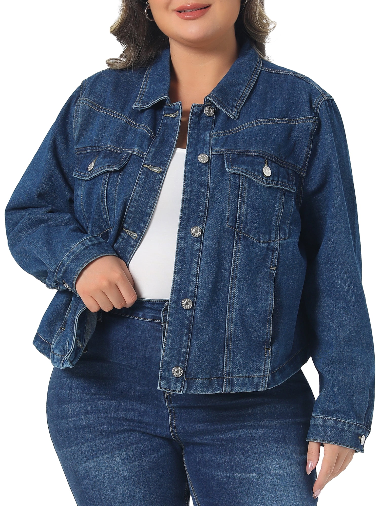 DARING DIVA Women's Plus Button Closed Long Sleeves Stitching Jean Jackets 2X Blue