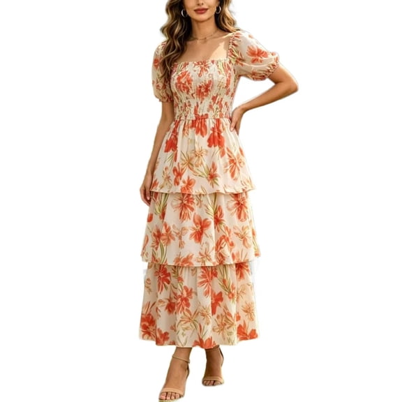 GUACER Short Puff Sleeve Maxi Dress for Women Smocked Floral Square Neck Tiered Boho Sundress Flowy Summer Vacation Beach Outfit