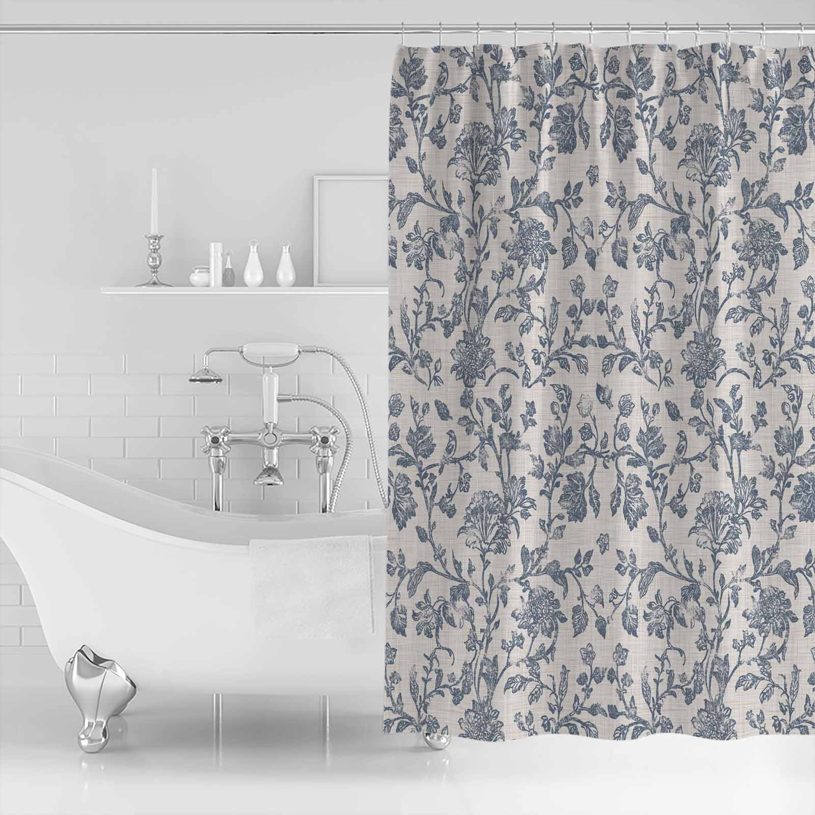 Small Stall Shower Curtain 36x72 Inch Narrow Half Size Blue Floral Bath Curtains Bathroom Decor Farmhouse Vintage Flower Leaf Botanical Waterproof Fabric Shower Curtain Set with Hooks 36 Inch