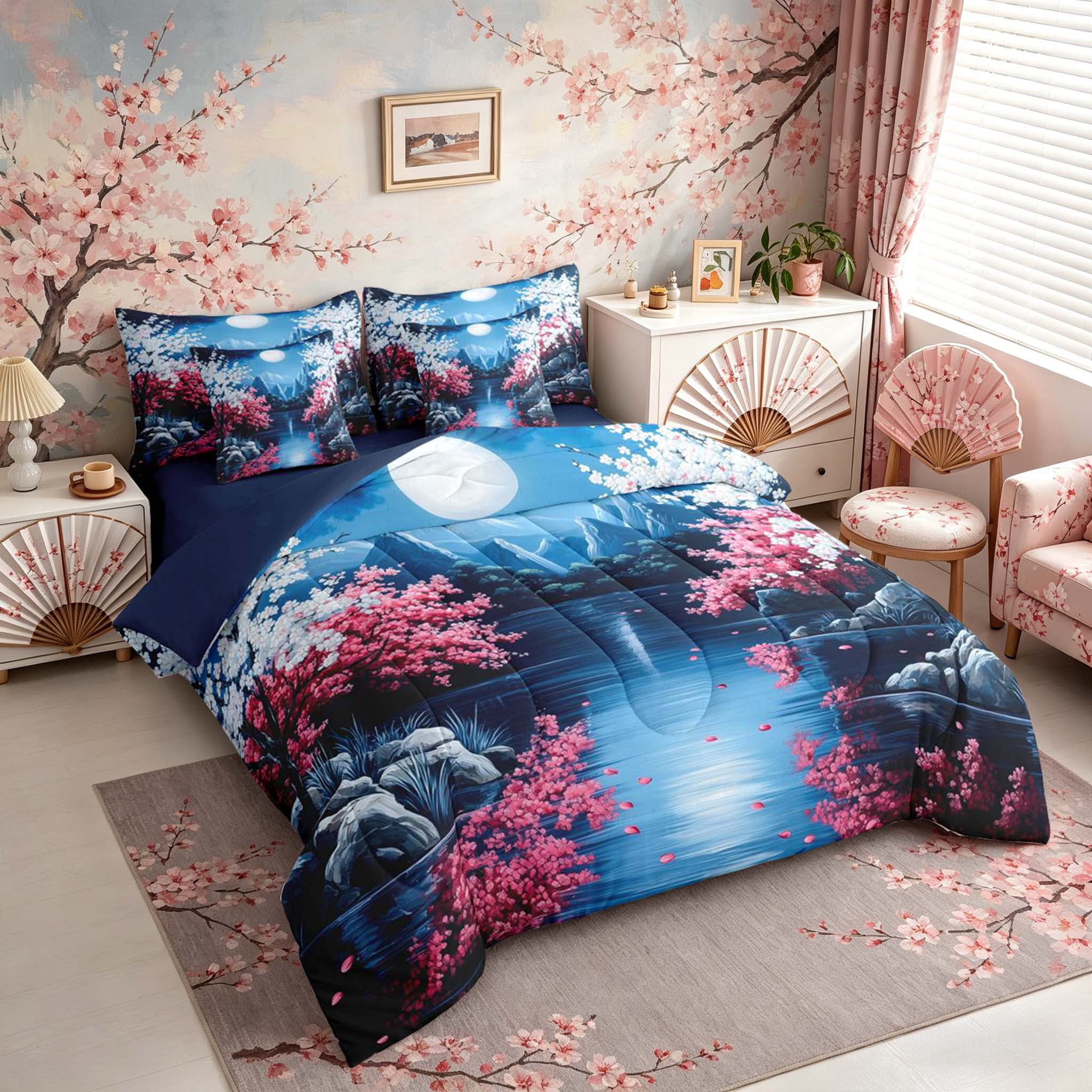 Manfei Night Fuji Lake Bedding Comforter Set for Teens, Cherry Moon Queen Bedding Sets, Blue Pink White, Navy Reversible7 Pieces