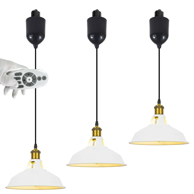FSLiving Suspensions de Rail Juno à Hauteur Réglable, Cordon de 4 Pieds, Suspensions en J, Douille en Laiton Antique Rétro, Abat-Jour Blanc, Ampoules LED Edison Intelligentes Montage sur Rail pour Bar Island 3 Lumières