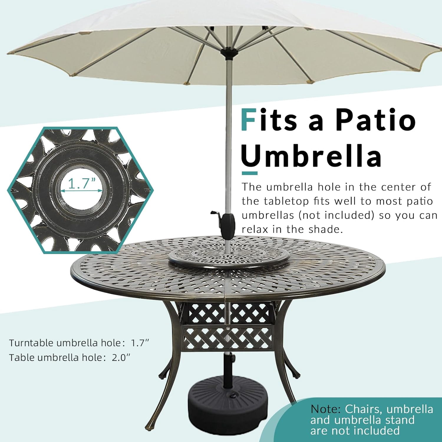 MEETWARM Outdoor 61" Round Patio Dining Table with Detachable Lazy Susan, All Weather Cast Aluminum Large Patio Furniture Table Set for 8 Seat with 24" Rotating Tray, Umbrella Hole, Dark Bronze