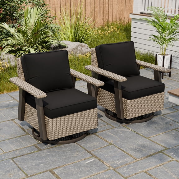 EAGLE PEAK Classic 2-Piece Patio Chair Set, 360° Swivel Rocking Chairs with Thick Cushions, All-Weather Wicker Outdoor Lounge Gliders, Beige/Black