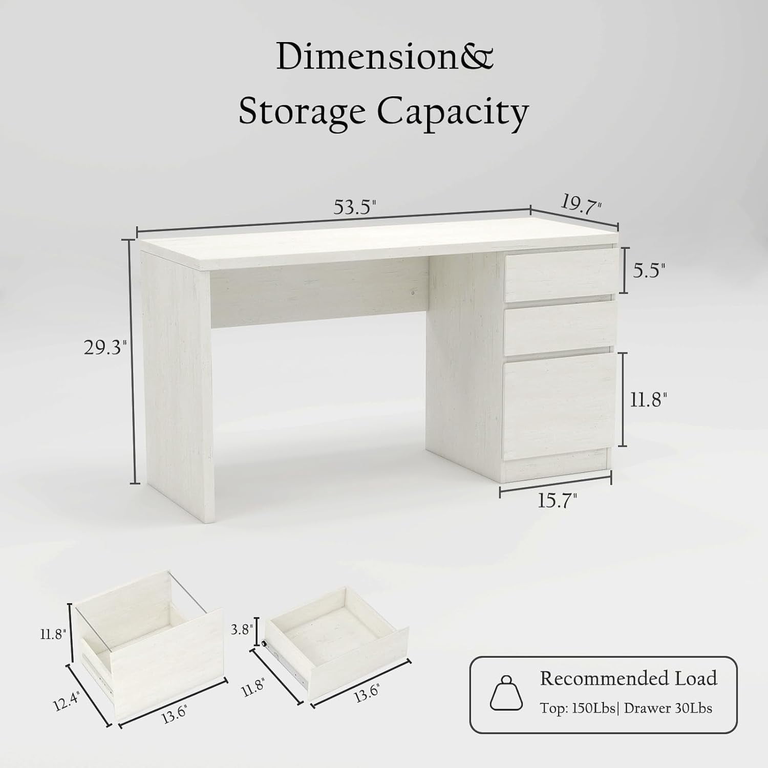 LAZZO 53" Computer Desk with 3 Drawers, Executive Writing Desk with File Storage Drawer for Home Office, White