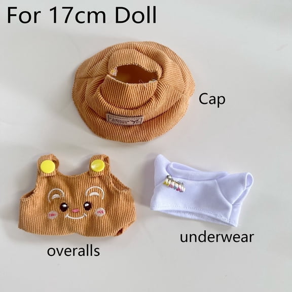 Charming 17cm Doll Clothes Outfits Seasonal Fashion Dolls Accessories 3 Piece Set, Cap, Overalls,Underwear,(Brown)