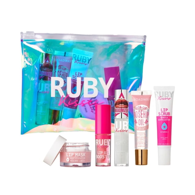 Ruby Kisses Value Kit de viaje para el cuidado de los labios con aceite de rosa mosqueta, brillo labial transparente, brillo de alto brillo, potenciador de aceite labial rosa, exfoliante labial, masca