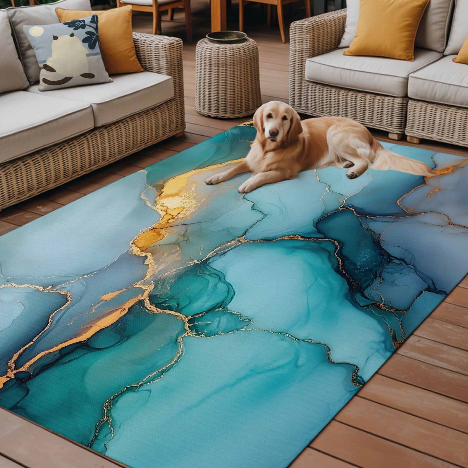 Outdoor Rug 5x8ft Ombre Turquoise Golden Marble Large Area Rug Modern Art Indoor Outdoor Carpet Outdoor Rugs Mats for Patio Camping,RV,Front Door, Outside Decor