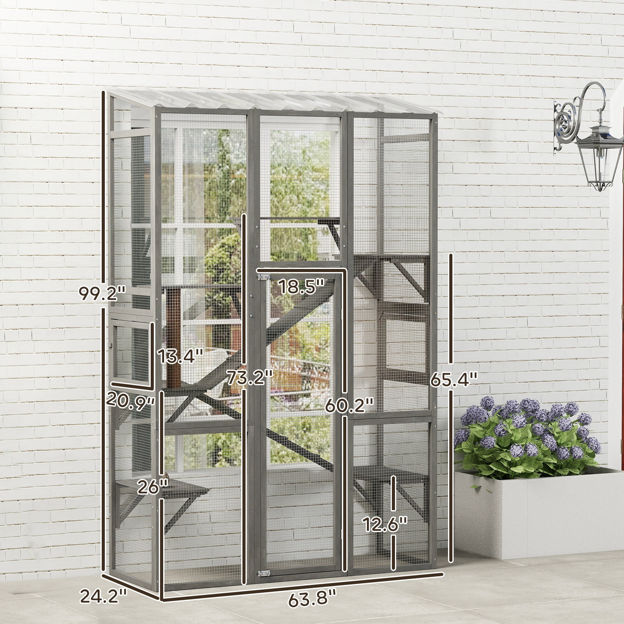 PawHut Outdoor Catio Cat Enclosure, Large Wooden Cat House with 6 Jumping Platforms, Scratching Post, 2 Ramps, Waterproof Roof, for 2-3 Kittens