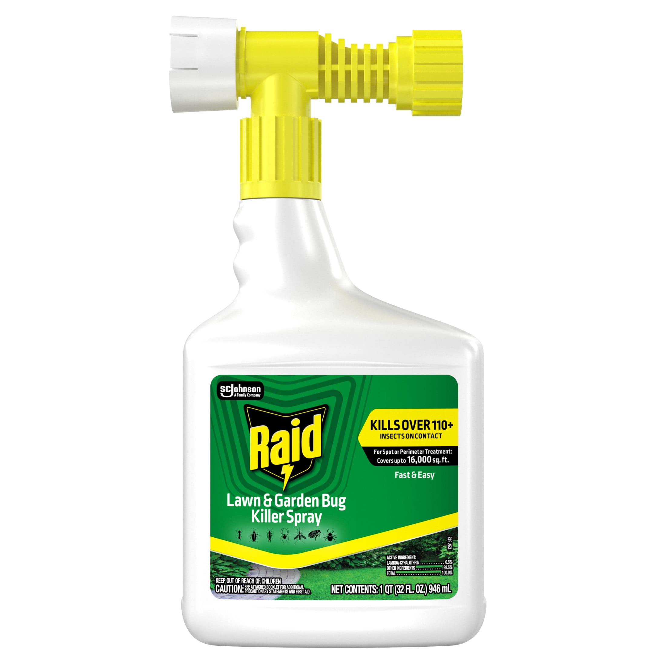Raid Outdoor Lawn and Bug Killer Spray, Garden Hose Attachment for Outside Household Use on 110+ Insects, 8 Week Control, Fast and Easy, Spot and Perimeter Treatment, 32 fl oz