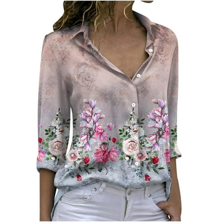 

Ichuanyi Womens Fall Tops Clearance Fashion Women Button Casual Turn-Down Neck Printed Long Sleeve Tops Shirt