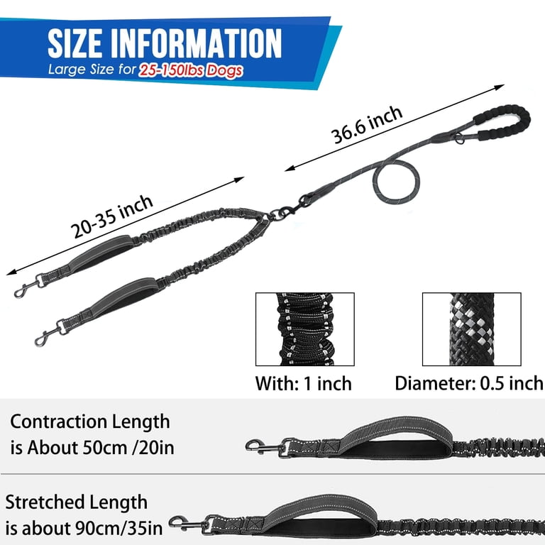 Dinosam Double Dog Leash with 360° Swivel, Black photo 2