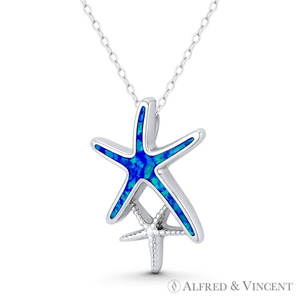 Starfish Ocean Sealife Charm Created Opal 25x17mm (1x0.7in) Pendant & Chain Necklace in .925 Sterling Silver w/ Rhodium