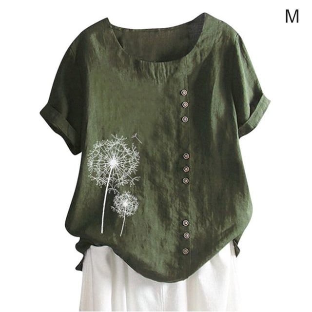 Camisa de mujer con botones, blusa informal de manga corta con cuello redondo, verde, M Sweethay AP001735-26
