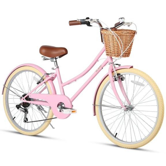 Glerc Missy 24" inch Girl Cruiser Kids Bike 6-Speed Teen Hybrid City Bicycle for Youth Ages 7 8 9 10 11 12 13 14 Years Old with Wicker Basket & Lightweight, Pink